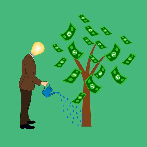 Homme d'affaires arrosant un arbre d'argent — Image vectorielle