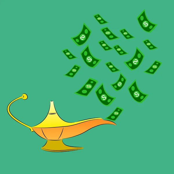 Money fly out of Aladdin's magic lamp. Business concept — Stock Vector