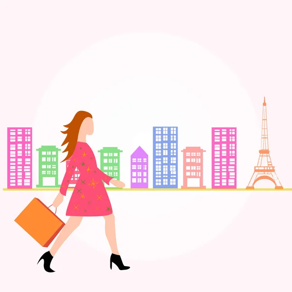 Mujer joven caminando con bolsa de compras en la ciudad . — Vector de stock