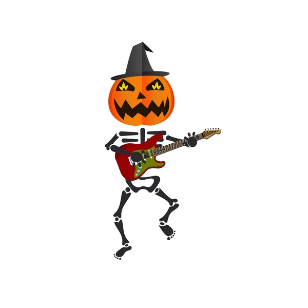 Pumpkin-headed skeleton, playing guitar. — Stock Vector