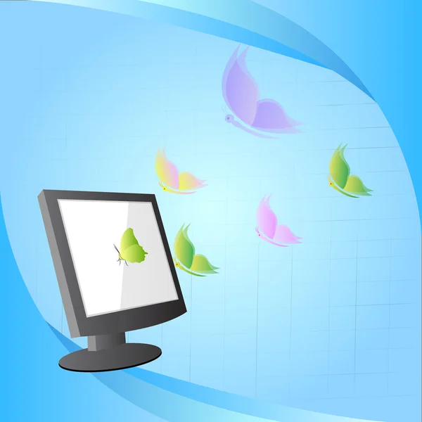 Concetto di design, farfalla che vola fuori dal computer — Vettoriale Stock