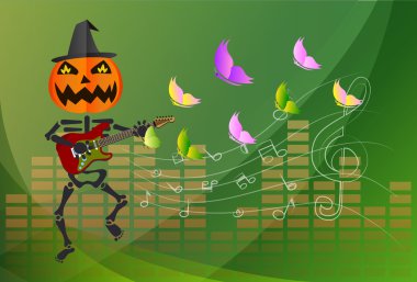 Pumpkin-headed skeleton, playing guitar. clipart