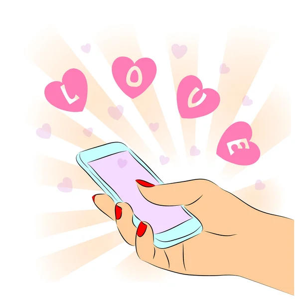 Hand holding mobile phone with icons heart — Stock Vector