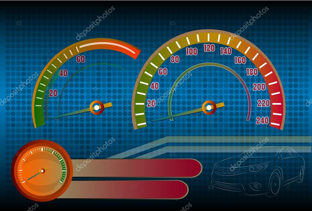 indicateur de vitesse de tableau de bord de voiture, jauge de tachymètre,  indicateurs de lumière LED numériques de température de carburant et de  moteur vecteur éléments isolés réalistes des jauges de panneau