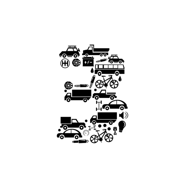 Vecteur abstrait numéro 3 fabriqué à partir de l'icône de la voiture - ensemble alphabet — Image vectorielle