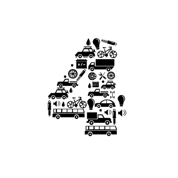 Número de vector abstracto 4 hecho de icono del coche - conjunto de alfabeto — Archivo Imágenes Vectoriales