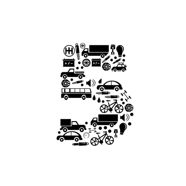 Número de vector abstracto 5 hecho de icono del coche - conjunto de alfabeto — Vector de stock