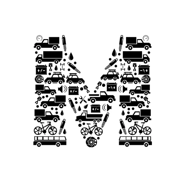 Alfabeto vectorial abstracto - M hecho de icono del coche - alfabeto conjunto — Vector de stock