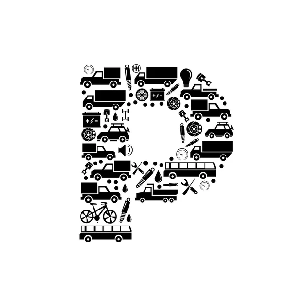 Alfabeto vettoriale astratto - P fatto dall'icona dell'automobile - alfabeto impostato — Vettoriale Stock
