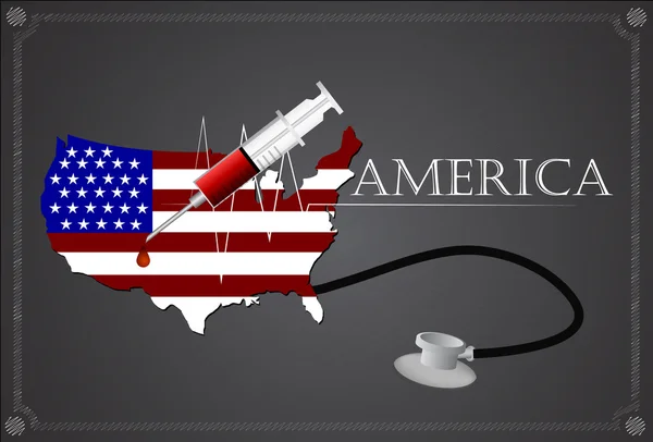Mapa Ameriky s stetoskop a stříkačky. — Stockový vektor
