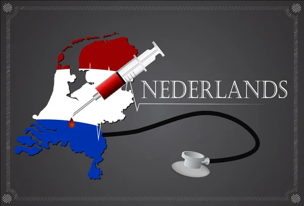 Mapa de Nederlands com estetoscópio e seringa . — Vetor de Stock