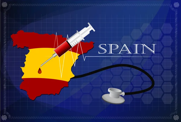 Mapa de Espanha com Estetoscópio e seringa . — Vetor de Stock