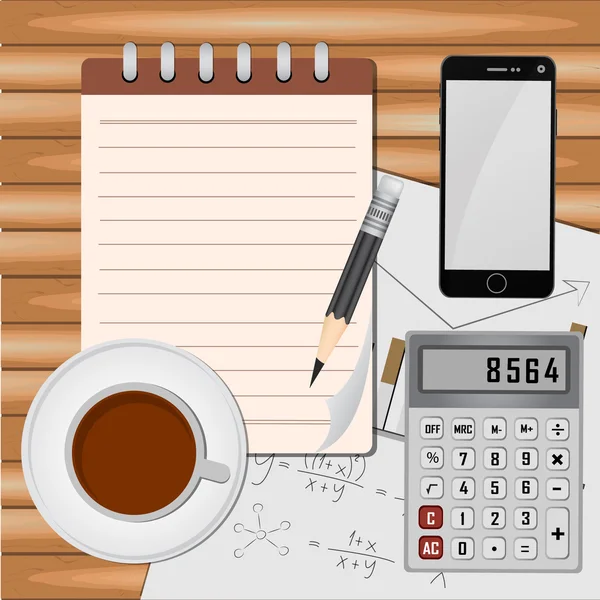 Vista dall'alto su notebook aperto, smartphone, penna e tazza di caffè o — Vettoriale Stock