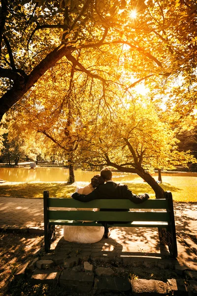 Gelin ve damat günbatımı ışığı parkta bankta oturmak