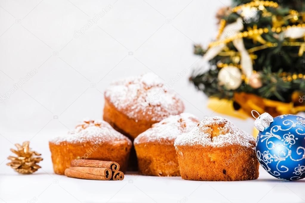 Muffins, christmas decorations.