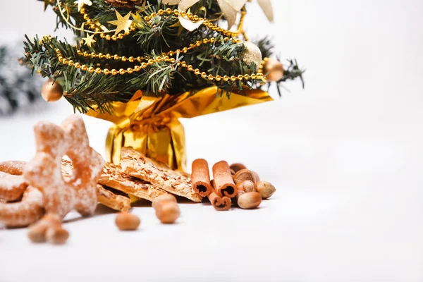 Cookies en noten op Kerstmis thema achtergrond. — Stockfoto