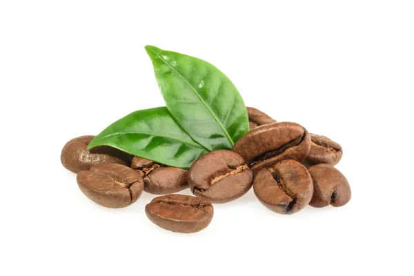 Зерна кофе с изолированными листьями — стоковое фото