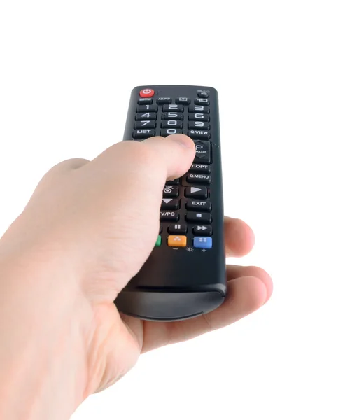 Male hand holding tv remote control isolated on white — Stock Photo, Image
