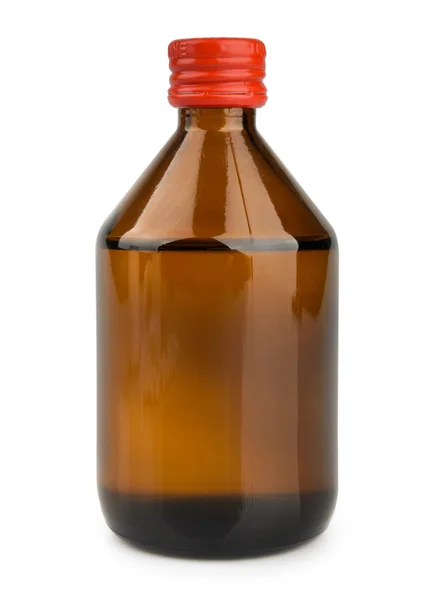 Botella médica de vidrio marrón con líquido aislado sobre blanco — Foto de Stock