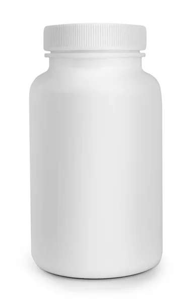 Medicamento frasco comprimido branco isolado em um fundo branco — Fotografia de Stock