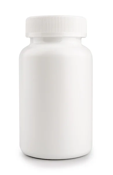 Medizin weiße Pillenflasche isoliert auf weißem Hintergrund Stockfoto