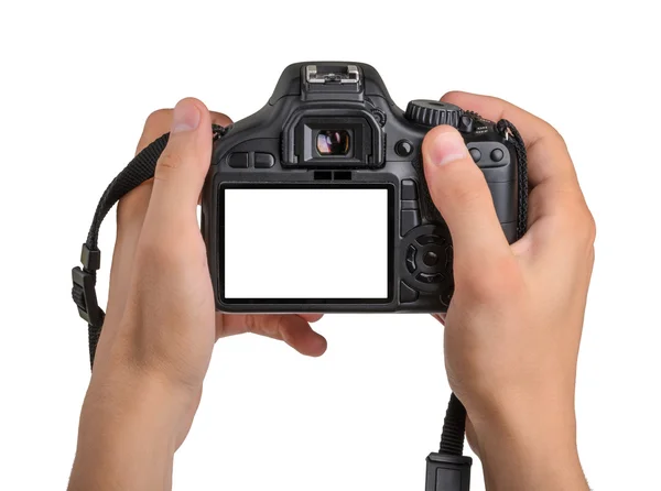 İzole elinde DSLR fotoğraf makinesi