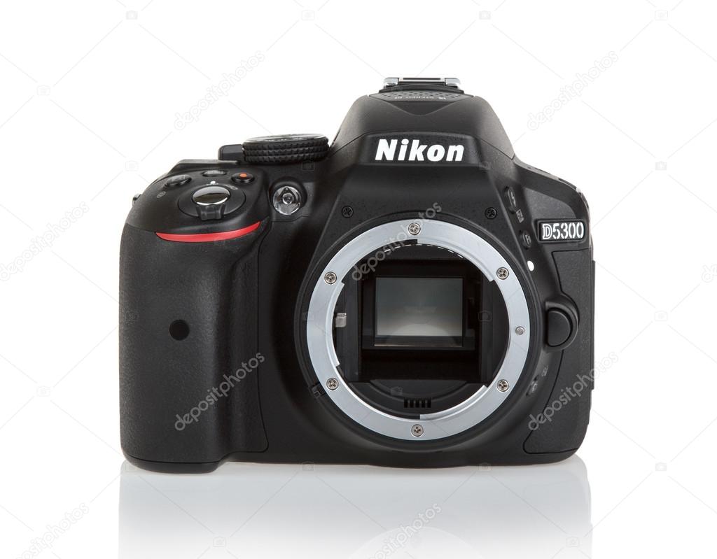 KYIV, UKRAINE - JUNE 19, 2015: Nikon D5300 Camera Body On White.
