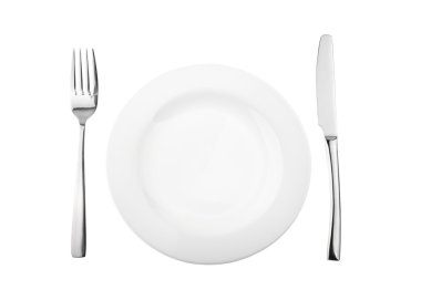 Boş tabak, çatal ve bıçak olmadan gölge beyaz izole