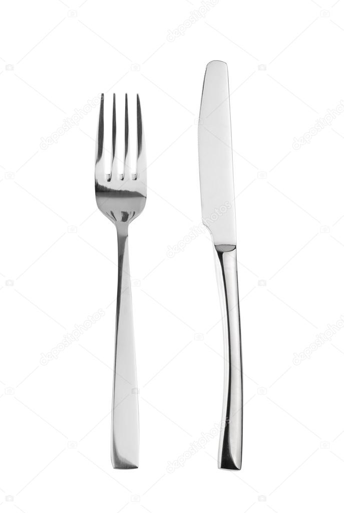 Fork and knife isolated on white, without shadow