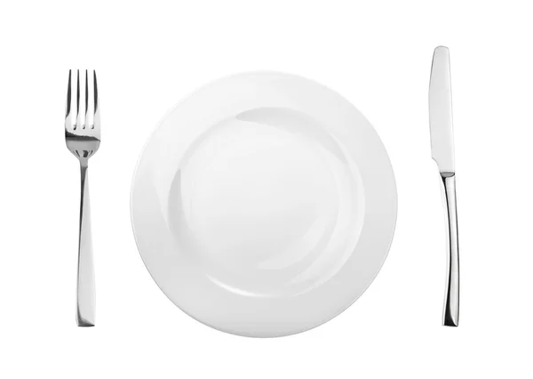 Placa vazia, garfo e faca isolados em branco, sem sombra — Fotografia de Stock