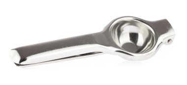 Limon sıkacağı, beyaz bir arkaplanda paslanmaz..