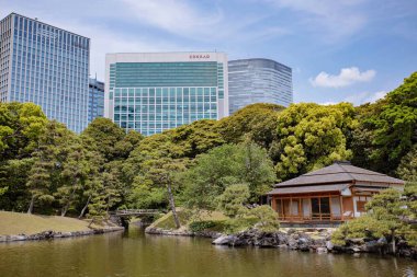 TOKYO JAPAN Mayıs - 18, 2019: Chuo ilçesindeki Hamarikyu Bahçeleri, Toyko, Japonya