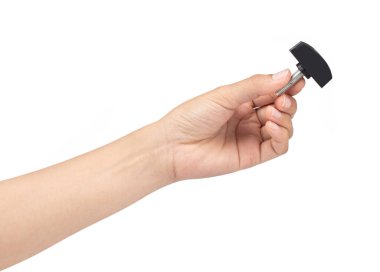 hand holding plastic fasteners screws isolated on white background.