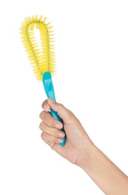 Beyaz arka planda izole edilmiş gözlük şişeleri için Sarı Temizleme Fırçası