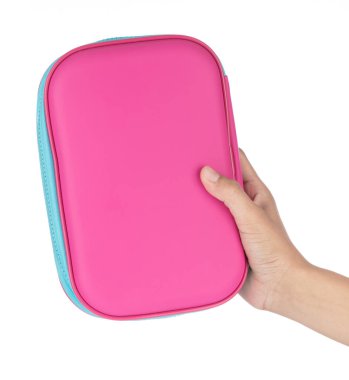 Beyaz arka planda izole edilmiş makyaj aksesuarları için el çantası