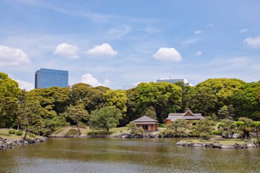 TOKYO JAPAN Mayıs - 18, 2019: Hamarikyu Bahçeleri Tokyo şehir merkezindeki bir sükunet kalesidir.