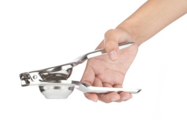 Lemon sıkacağı, paslanmaz, beyaz arka planda izole edilmiş..