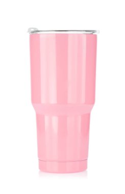 Beyaz arkaplanda izole edilmiş Pembe Soğuk Kupa veya Çelik bardak.