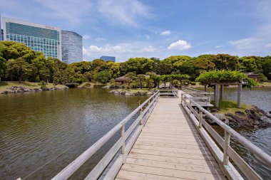 TOKYO JAPAN Mayıs - 18, 2019: Hamarikyu Bahçeleri Tokyo şehir merkezindeki bir sükunet kalesidir.