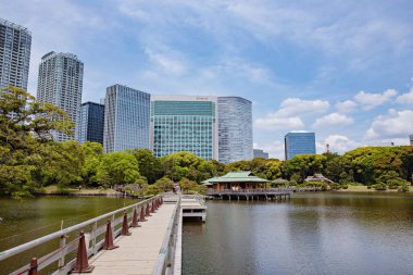 TOKYO JAPAN Mayıs - 18, 2019: Hamarikyu Bahçeleri Tokyo şehir merkezindeki bir sükunet kalesidir.