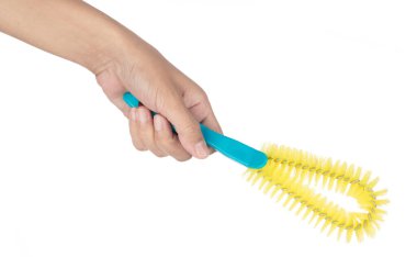 Beyaz arka planda izole edilmiş gözlük şişeleri için Sarı Temizleme Fırçası