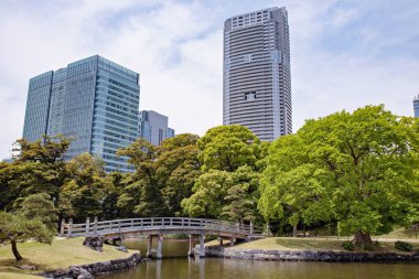 TOKYO JAPAN Mayıs - 18, 2019: Hamarikyu Bahçeleri Tokyo şehir merkezindeki bir sükunet kalesidir.
