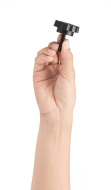 hand holding plastic fasteners screws isolated on white background.