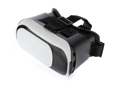 Gerçekçi VR kamera gözlüğü akıllı telefon 3D görüntüleme beyaz arka planda izole.