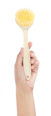 Beyaz arkaplanda izole edilmiş ev temizleme plastik fırça aracı.