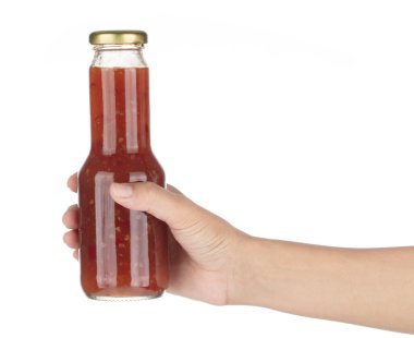 Beyaz arka planda izole edilmiş tavuk için kırmızı biber sosu.