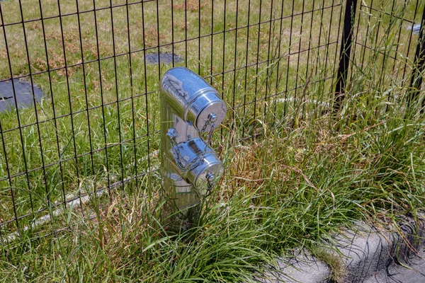 Gümüş yangın musluğu şehrin bahçesinde duruyor.