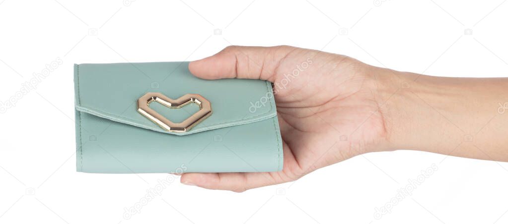 hand holding Women's wallet isolated on white background. 