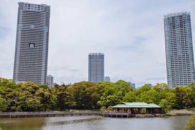 TOKYO JAPAN Mayıs - 18, 2019: Hamarikyu Bahçeleri Tokyo şehir merkezindeki bir sükunet kalesidir.