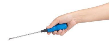 Onarım için mavi metal ve plastik alet tornavidası beyaz arkaplanda izole edildi